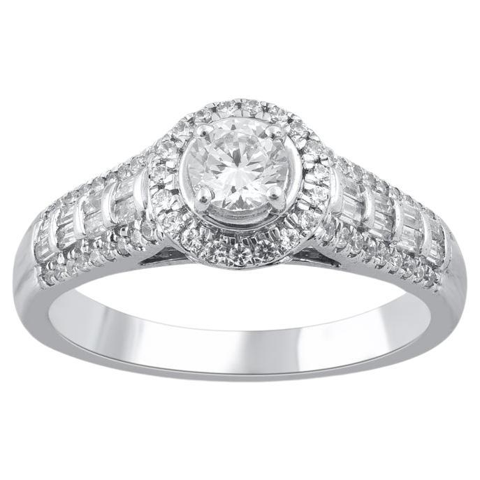 TJD 0.75 Carat Round and Baguette Diamond 14KT White Gold Halo Engagement Ring