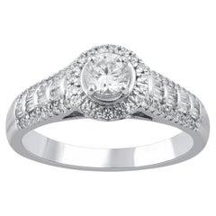 TJD 0.75 Carat Round and Baguette Diamond 14KT White Gold Halo Engagement Ring