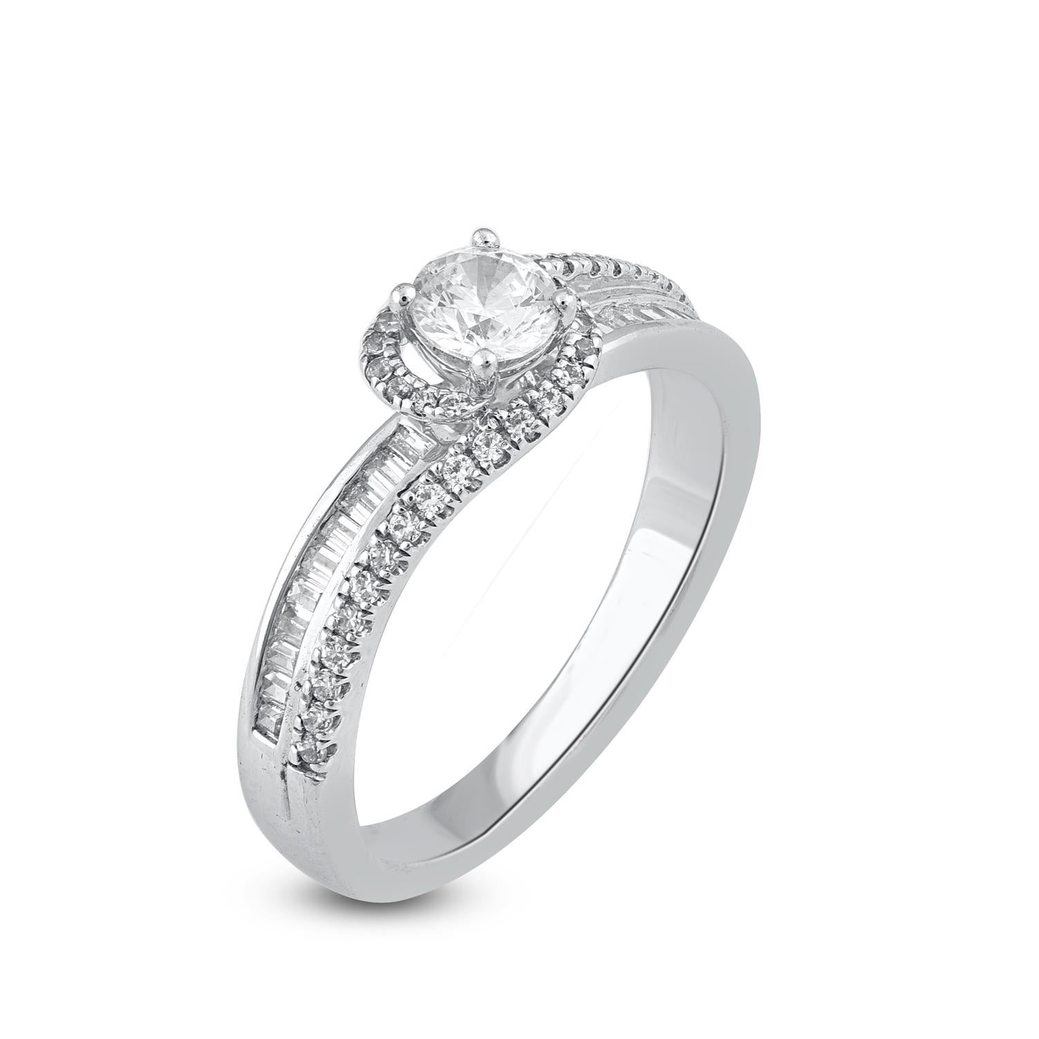 With style and shimmer, this diamond ring is perfect for any occasion. Beautifully crafted by our inhouse experts in 14 karat white gold and embellished with 63 brilliant cut, single cut round diamonds and baguette cut set in prong and channel