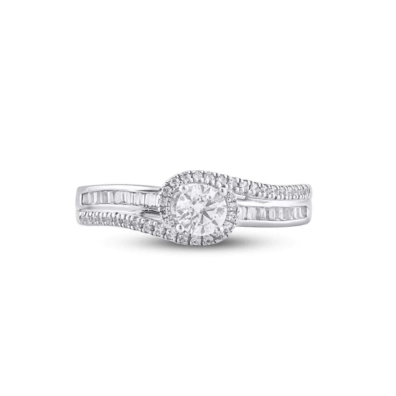 Contemporary TJD 0.75 Carat Round and Baguette Diamond White Gold Bypass Fashion Band Ring For Sale