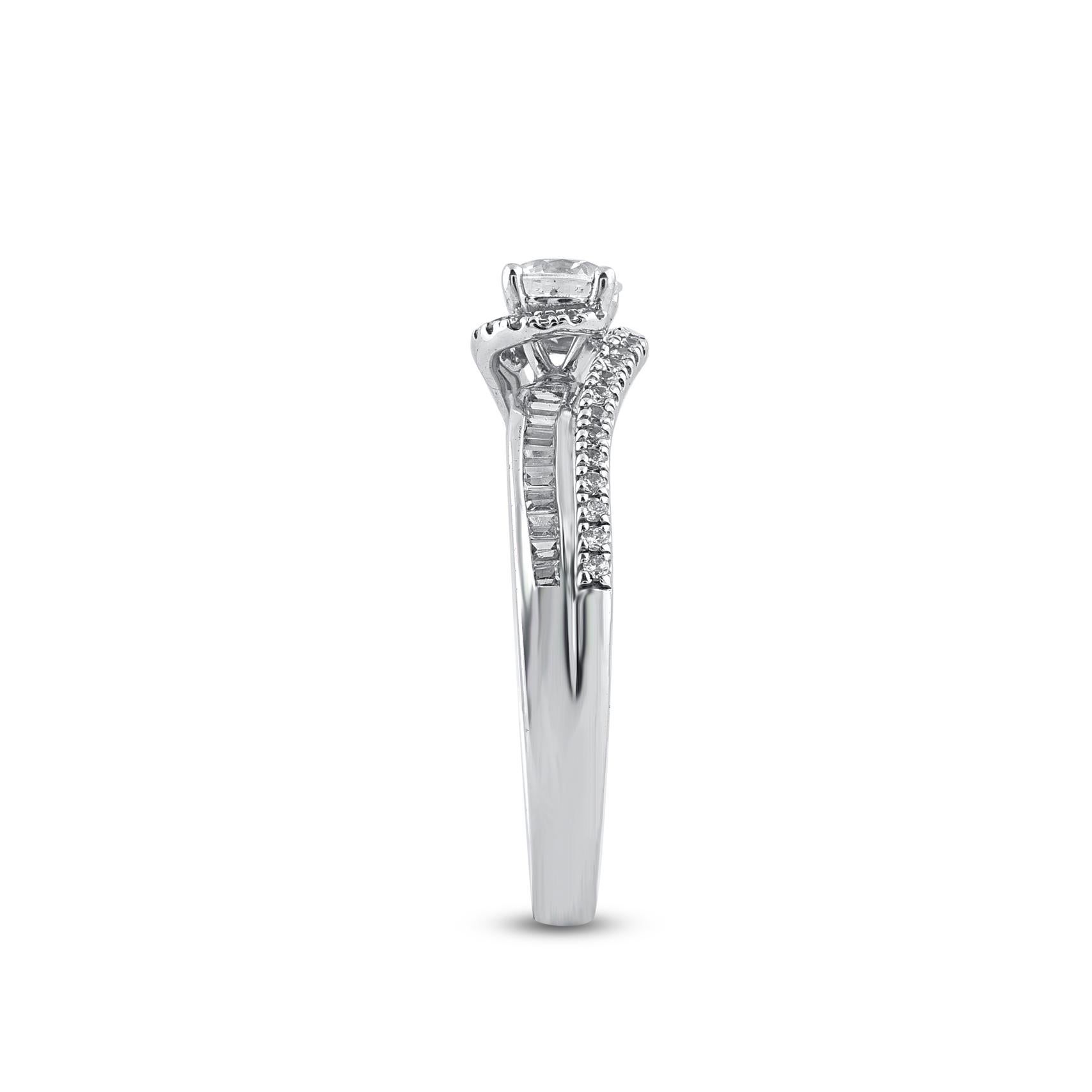 Mixed Cut TJD 0.75 Carat Round and Baguette Diamond White Gold Bypass Fashion Band Ring For Sale