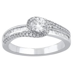 TJD 0.75 Carat Round and Baguette Diamond White Gold Bypass Fashion Band Ring