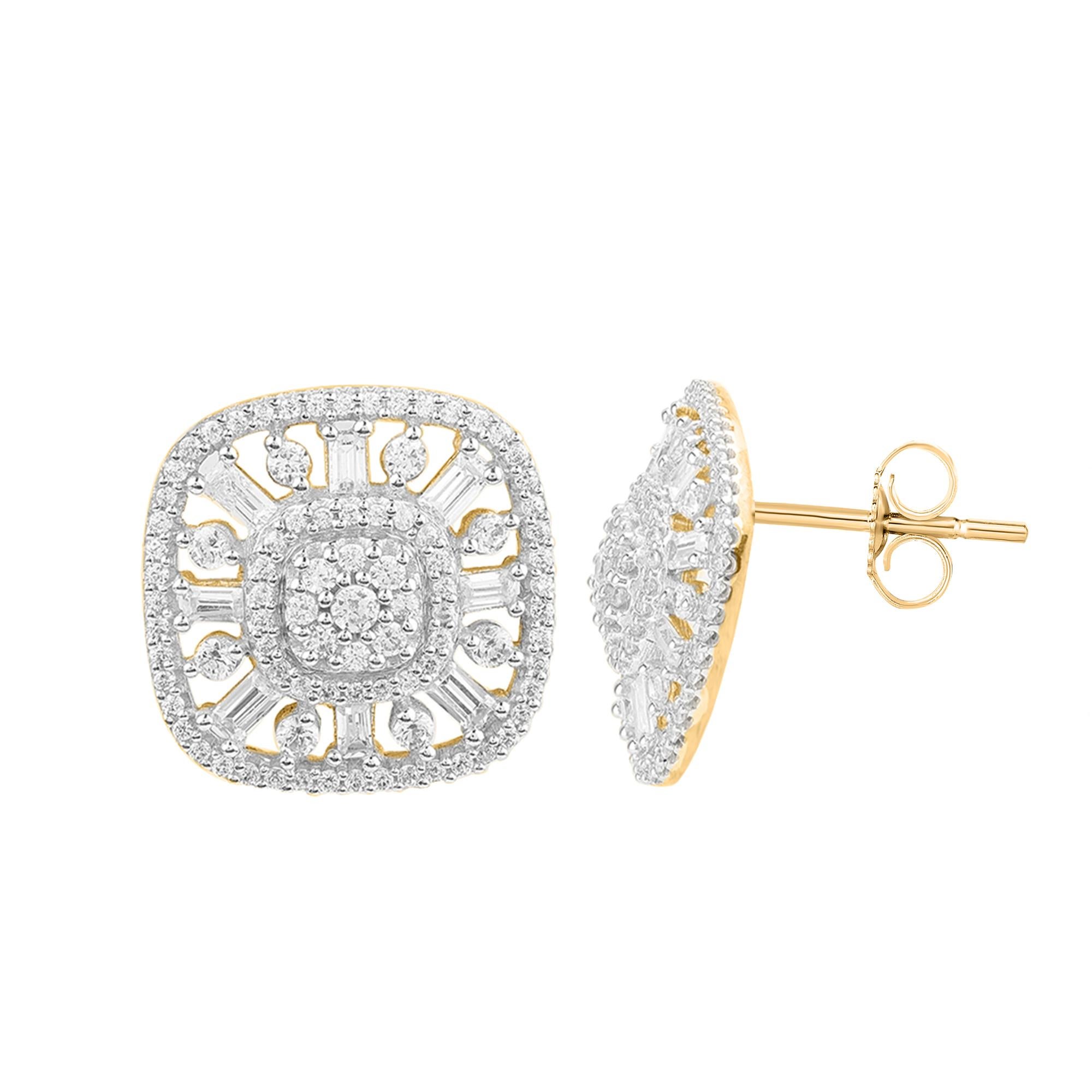 Adorn your formal wear with extra glitz when you put on these diamond frame stud earrings. Expertly crafted in 14 karat Yellow Gold, earring is cleverly filled with 190 single cut, brilliant cut round diamonds and baguette diamonds in prong & half
