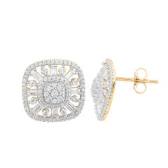 TJD 0.75 Carat Round & Baguette Cut Diamond 14K Gold Cushion Shape Stud Earrings