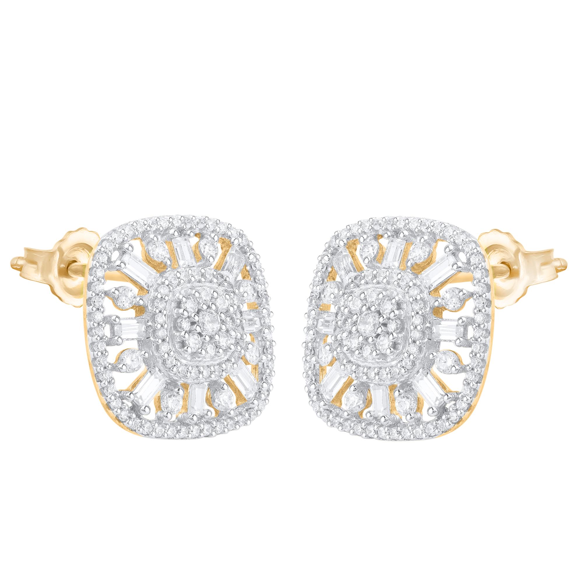 Contemporary TJD 0.75 Carat Round & Baguette Cut Diamond 14K Gold Cushion Shape Stud Earrings For Sale