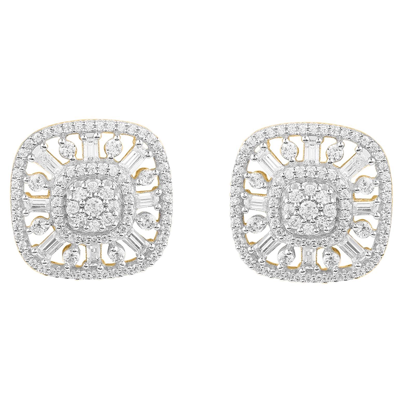 TJD 0.75 Carat Round & Baguette Cut Diamond 14K Gold Cushion Shape Stud Earrings