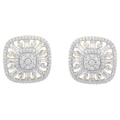 TJD 0.75 Carat Round & Baguette Cut Diamond 14K Gold Cushion Shape Stud Earrings