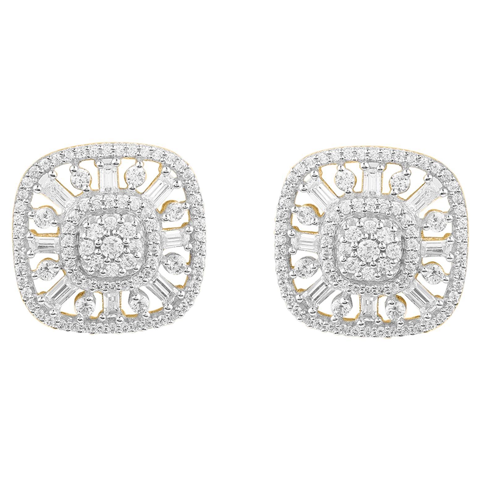 TJD 0.75 Carat Round 
Baguette Cut Diamond 14K Gold Cushion Shape Stud Earrings