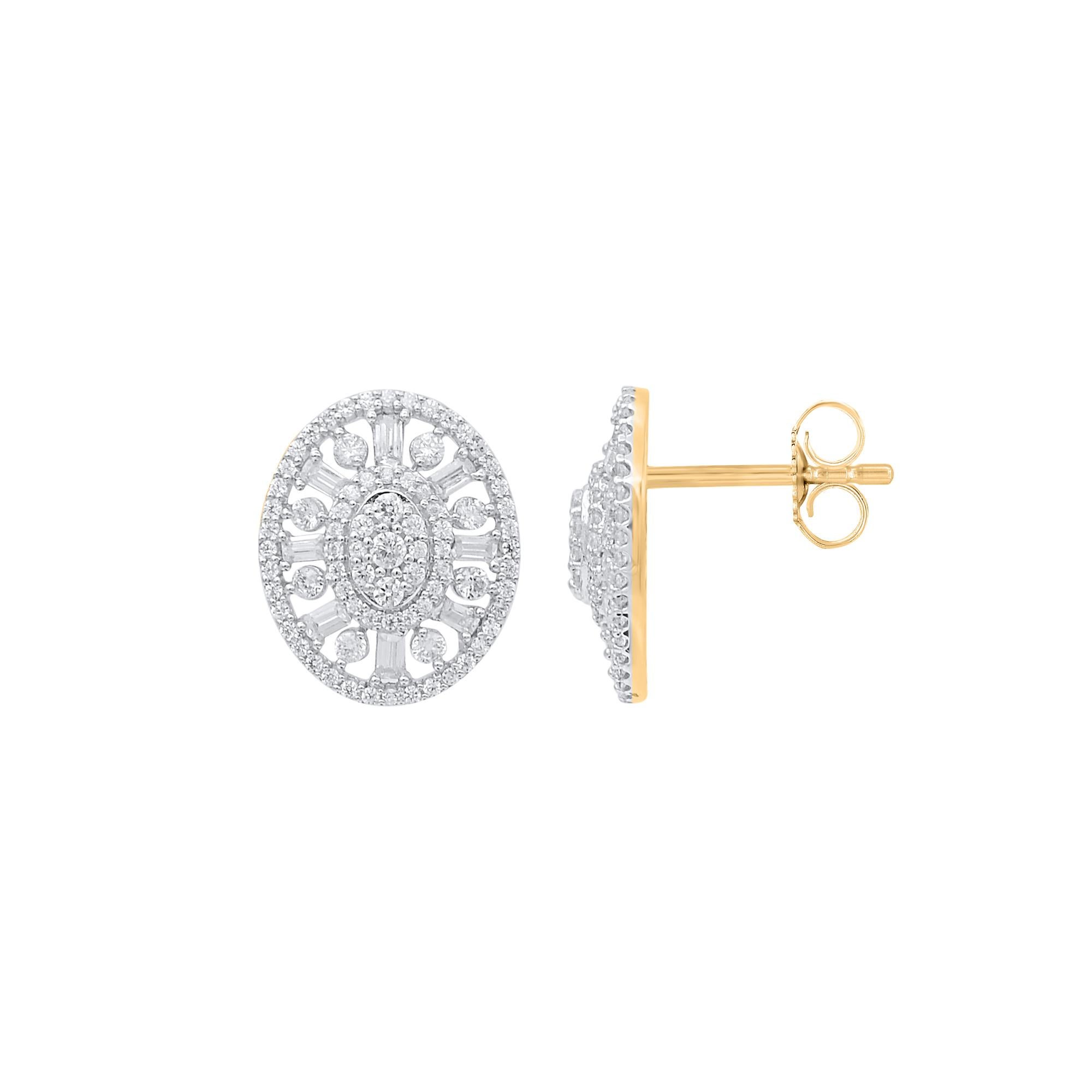 Contemporaneo TJD Orecchini con diamante rotondo e baguette da 0,75 carati in oro 14 carati di forma ovale in vendita