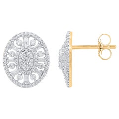 TJD 0.75 Carat Round & Baguette Diamond 14 Karat Gold Oval Shape Stud Earrings