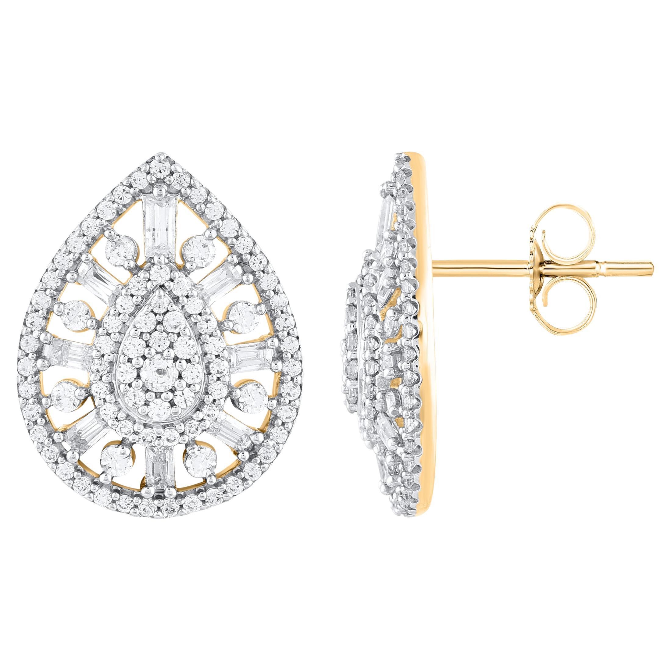 Adorn your formal wear with extra glitz when you put on these diamond frame stud earrings. Expertly crafted in 14 karat Yellow Gold, earring is cleverly filled with 176 single cut, brilliant cut round diamonds and baguette diamonds in prong & half