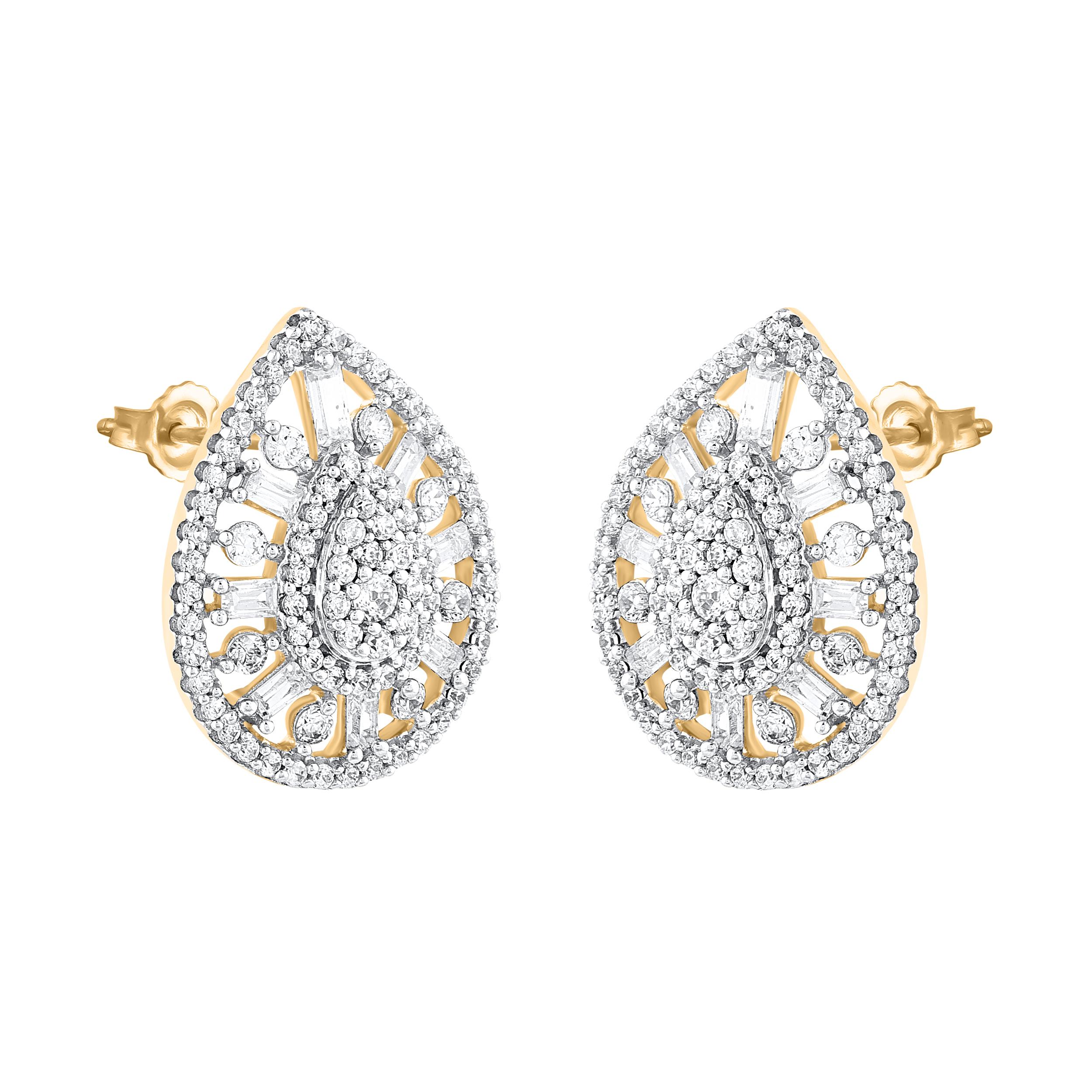 Contemporary TJD 0.75 Carat Round & Baguette Diamond 14 Karat Gold Pear Shape Stud Earrings For Sale