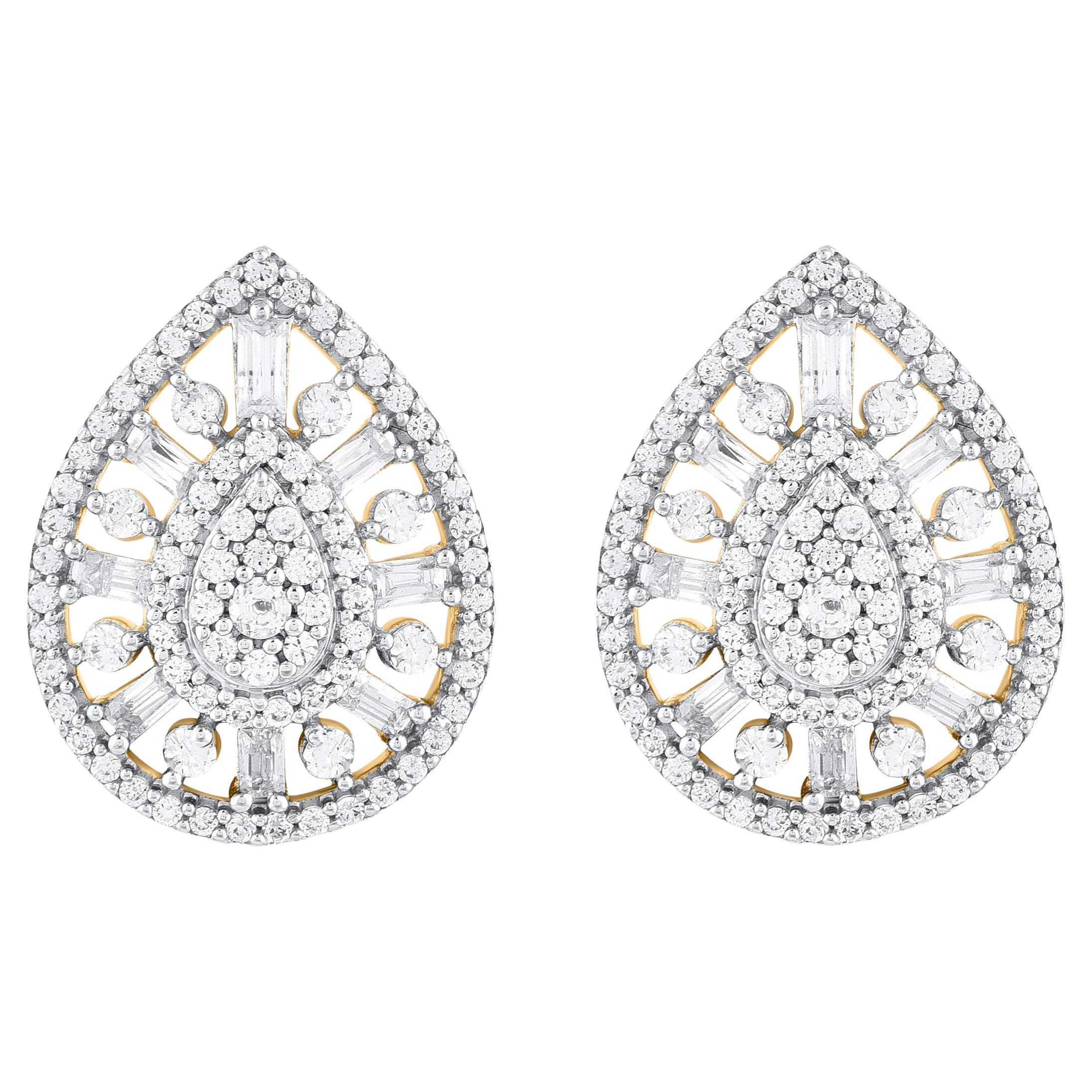 TJD 0.75 Carat Round & Baguette Diamond 14 Karat Gold Pear Shape Stud Earrings For Sale