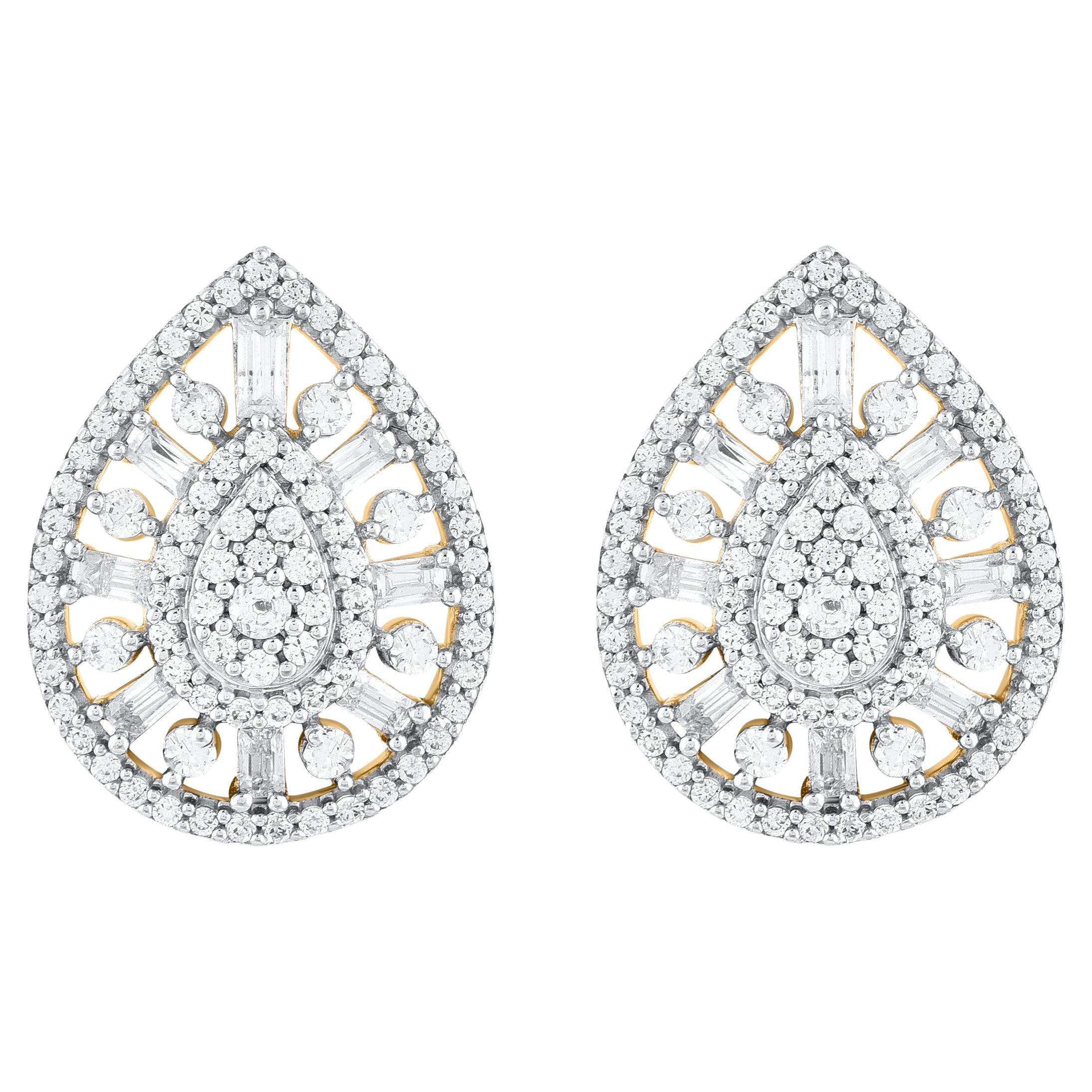 TJD 0.75 Carat Round 
Baguette Diamond 14 Karat Gold Pear Shape Stud Earrings For Sale