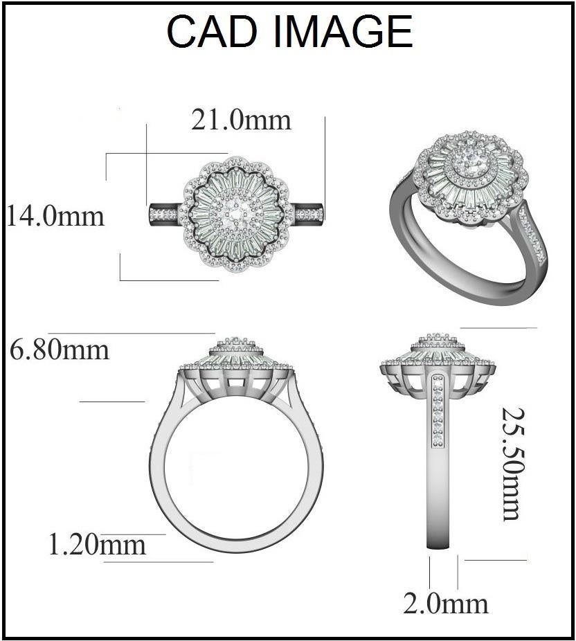 Stunning and classic, this diamond ring is beautifully crafted in 14 karat White gold. The engagement ring features 0.75 ct of 91 round and 24 baguette cut diamonds in secured prong, pave and channel settings. The diamonds are natural, not-treated
