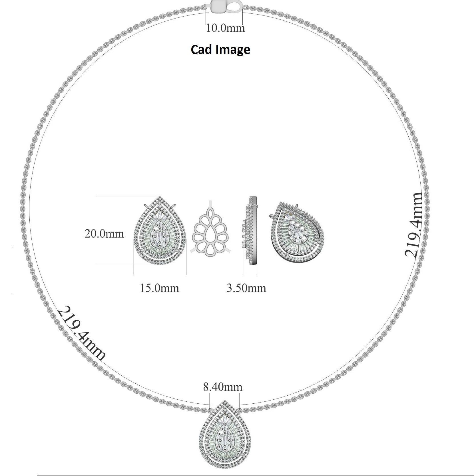 Dai un tocco di fascino al tuo look con questo ciondolo con diamante a forma di pera. Il pendente è realizzato in oro bianco da 14 carati e presenta un brillante rotondo 101 e 28 diamanti bianchi taglio baguette con incastonatura a forcella e a
