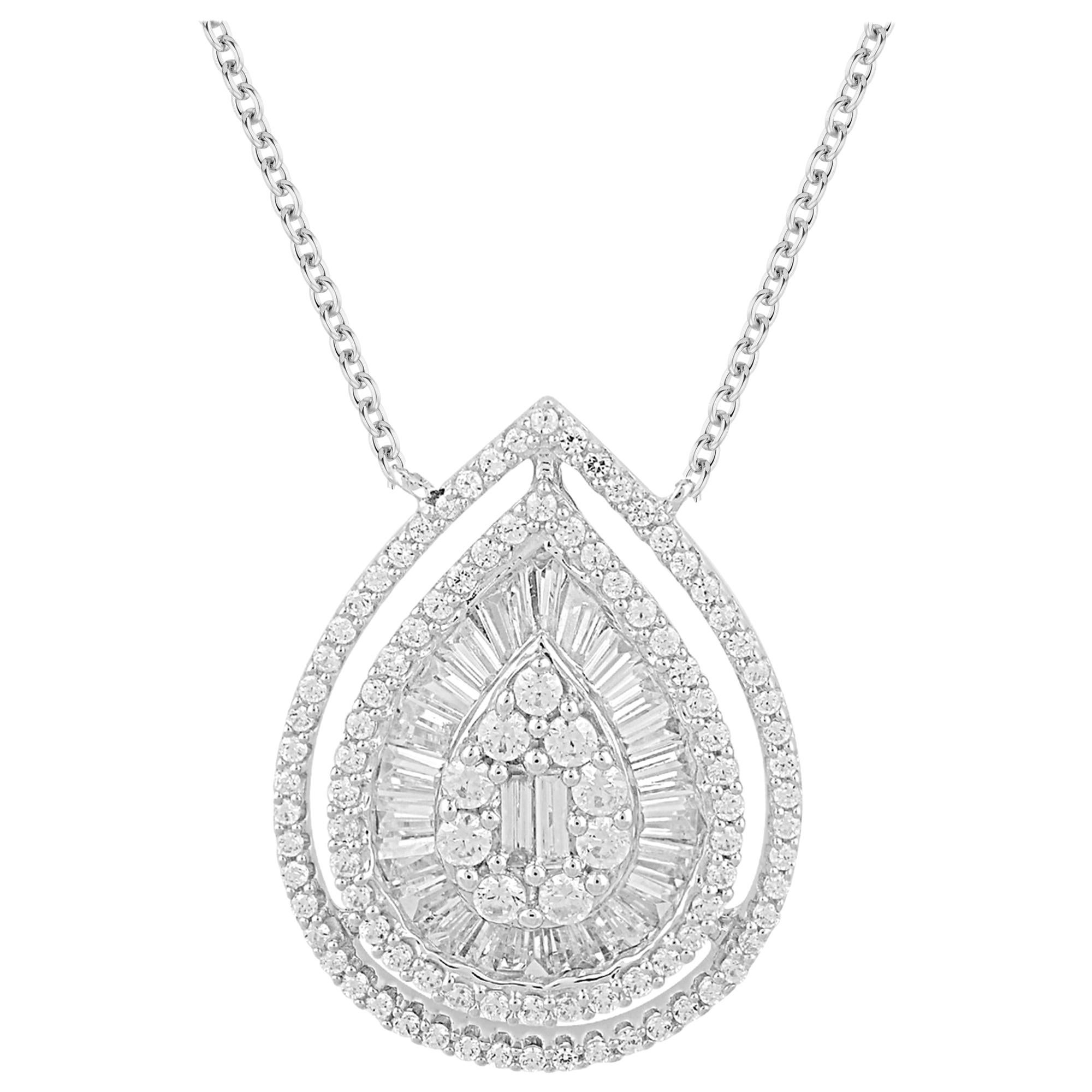 Collana a forma di pera in oro bianco 14 carati con diamanti tondi e baguette TJD da 0,75 carati