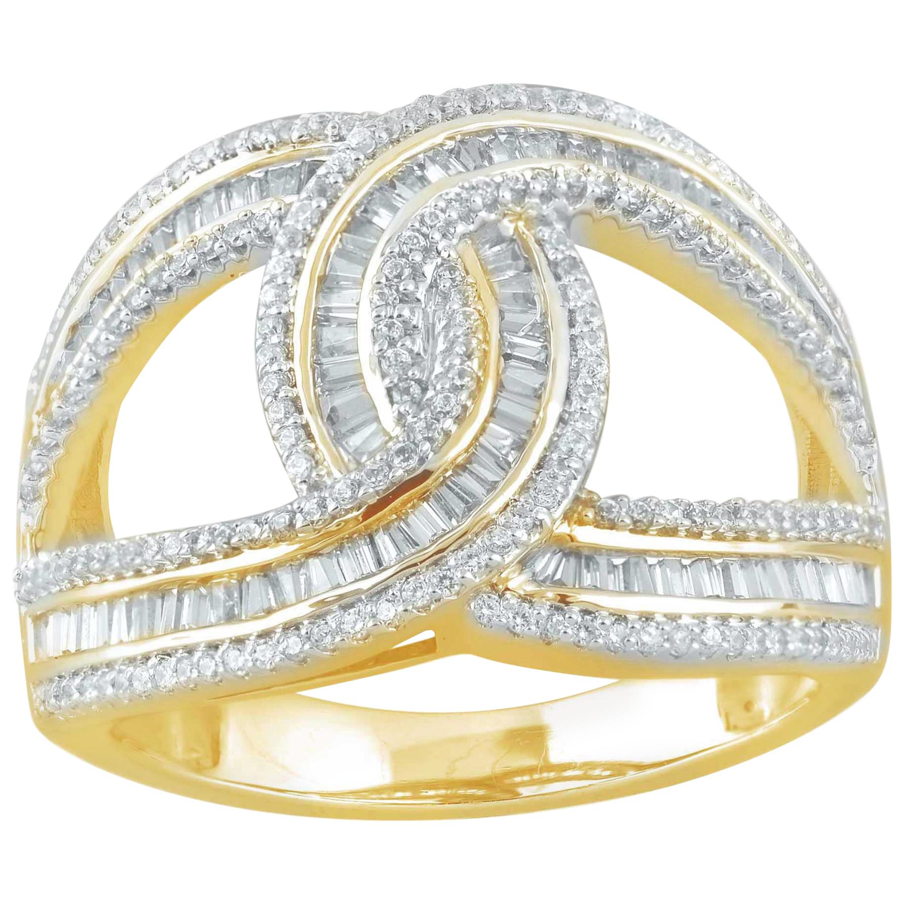 Bague enveloppante en or jaune 14 carats avec diamants ronds et baguettes de 0,75 carat TJD