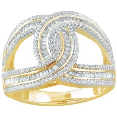 TJD Anillo entrelazado de oro amarillo de 14 quilates con diamante redondo y baguette de 0,75 quilates