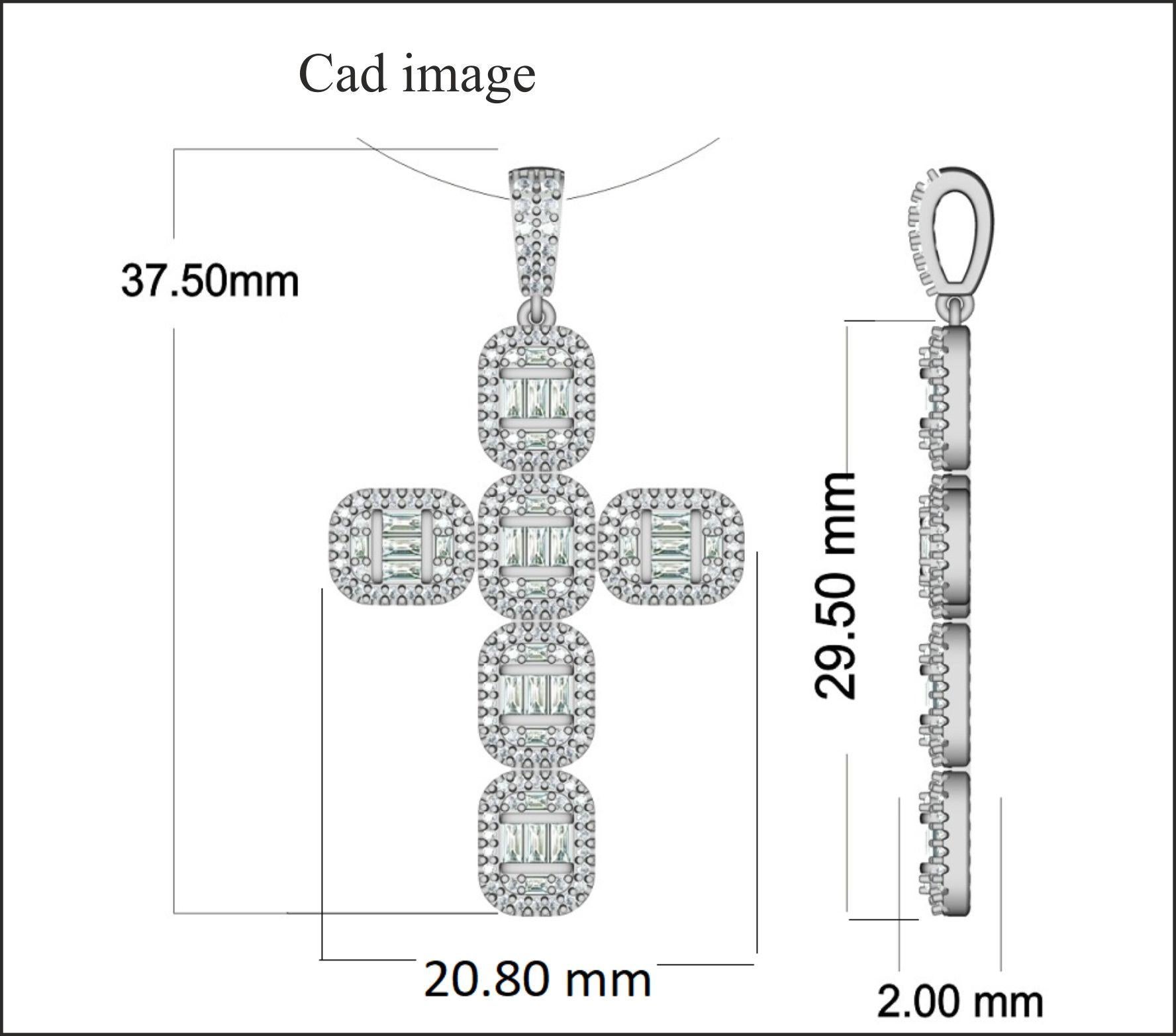 Fai risplendere la tua fede con questo semplice ed elegante ciondolo a forma di croce. Il pendente è realizzato in oro bianco a 14 carati e presenta 167 diamanti naturali rotondi e 30 diamanti con taglio a baguette incastonati in una montatura a