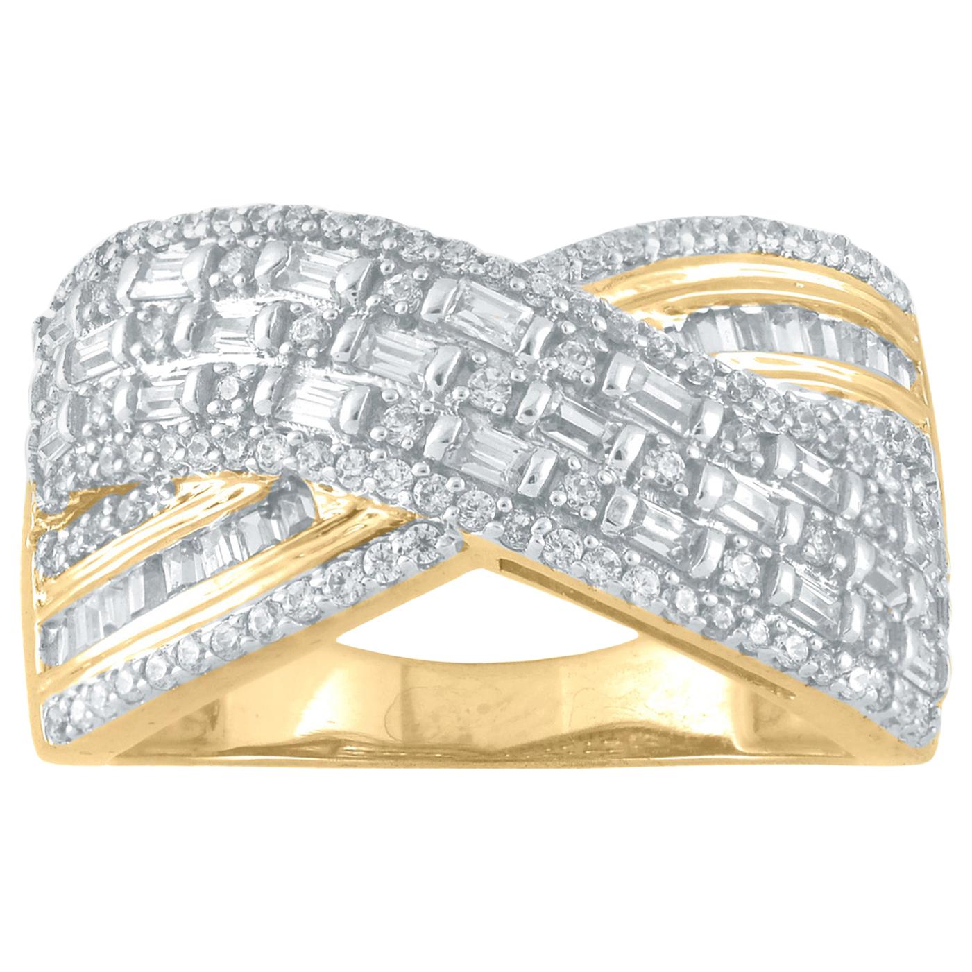TJD 0.75 Carat Round & Baguette Diamond 14K Yellow Gold Crossover Fashion Ring For Sale