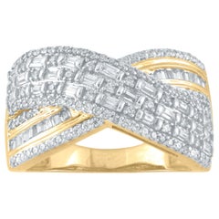 TJD 0.75 Carat Round 
Baguette Diamond 14K Yellow Gold Crossover Fashion Ring