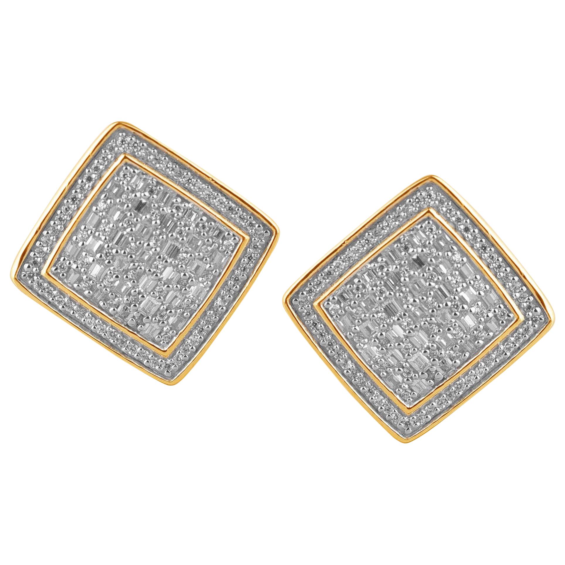 TJD 0.75 Carat Round/Baguette Diamond 14K Yellow Gold Square Frame Stud Earrings For Sale