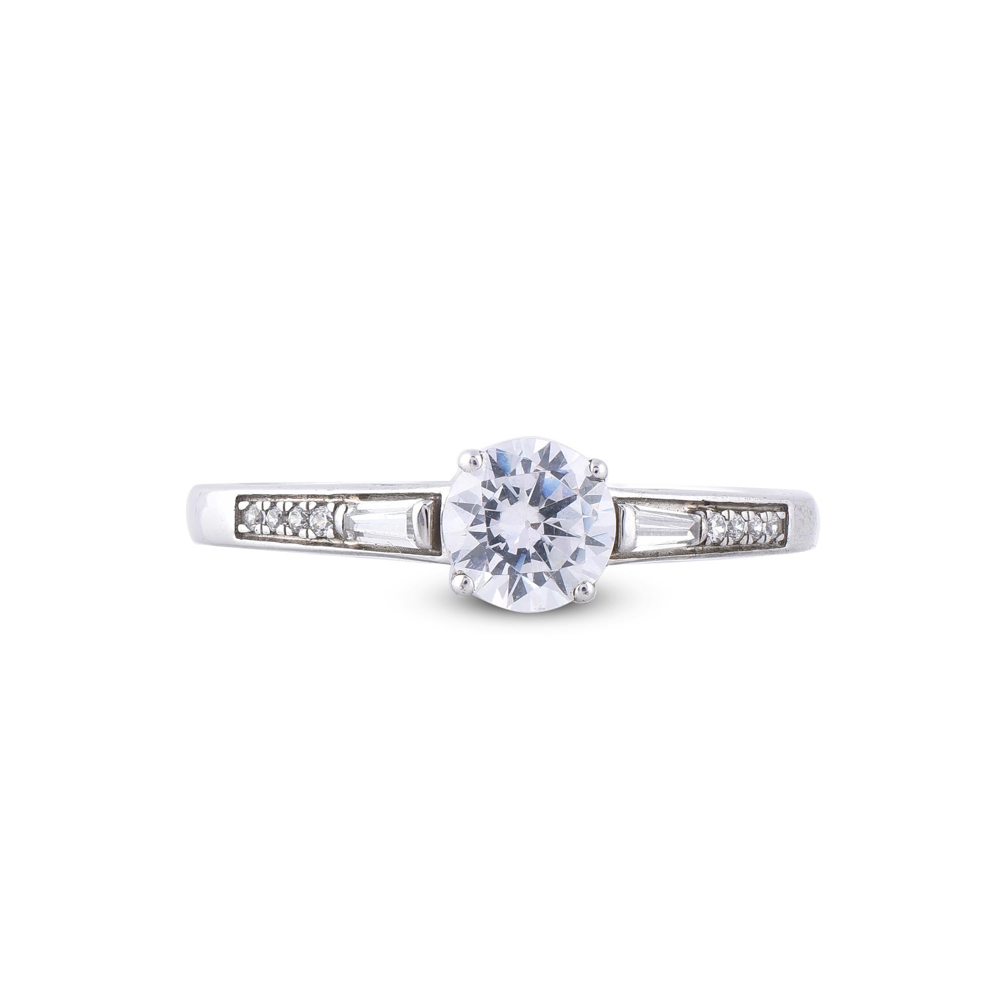 Baguette Cut TJD 0.75 Carat Round / Baguette Diamond 18 Karat White Gold Engagement Ring For Sale