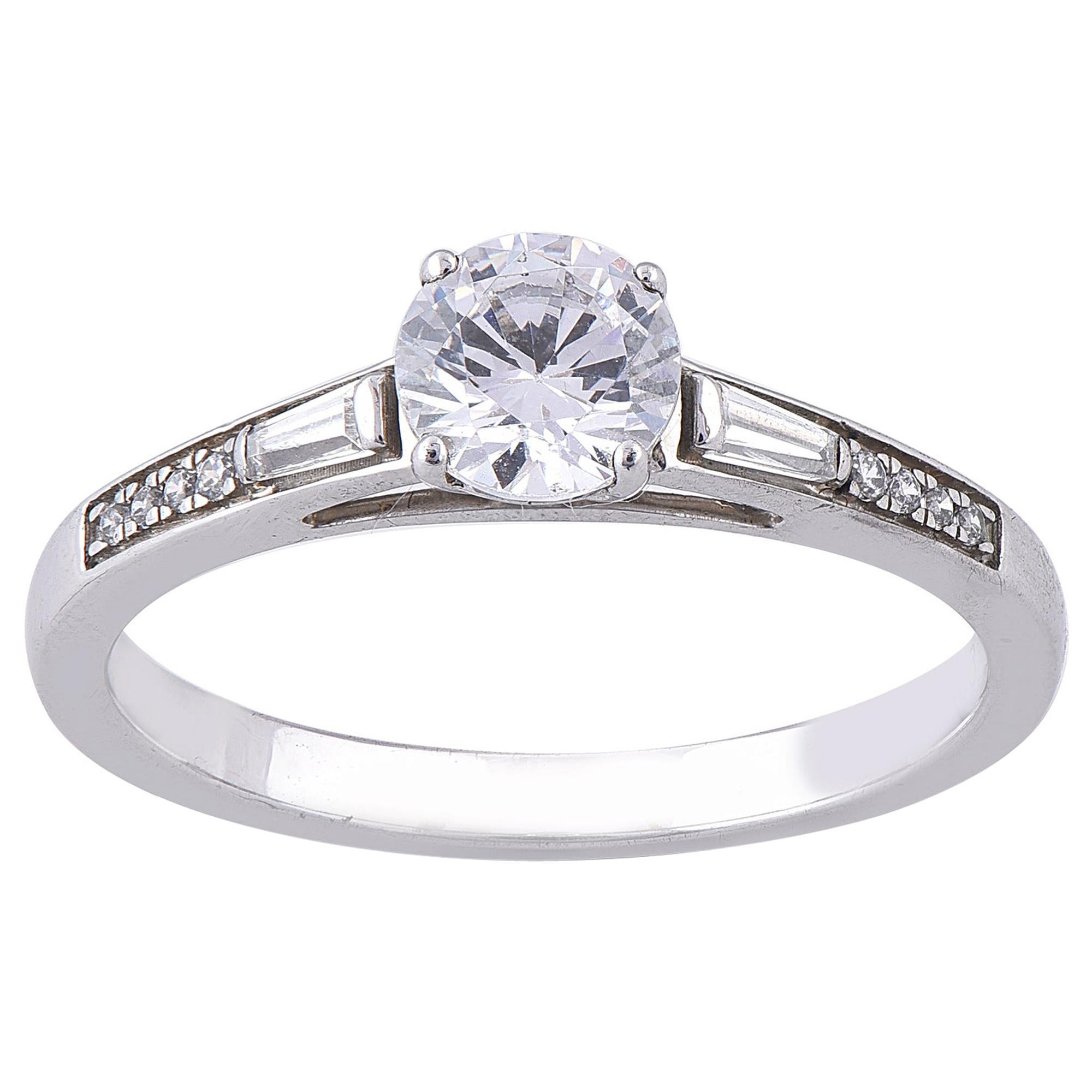 TJD 0.75 Carat Round / Baguette Diamond 18 Karat White Gold Engagement Ring For Sale