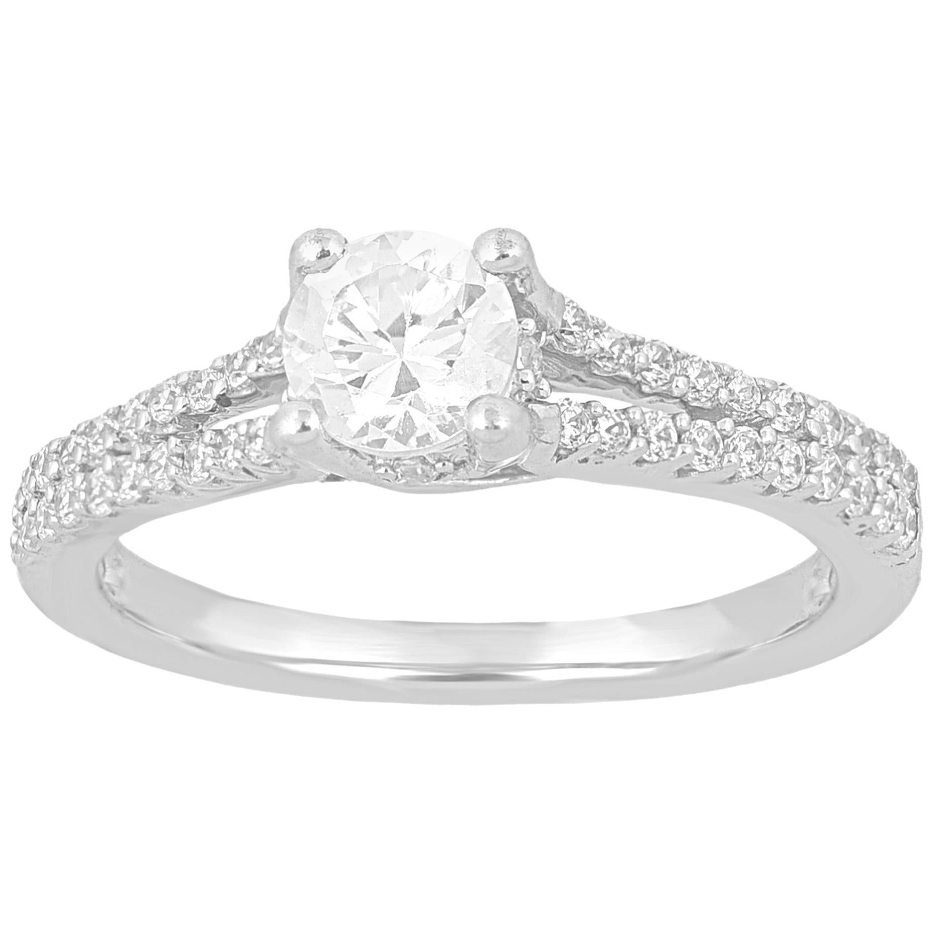TJD 0.75 Carat Round Diamond 18 Karat White Gold Split Shank Engagement Ring For Sale