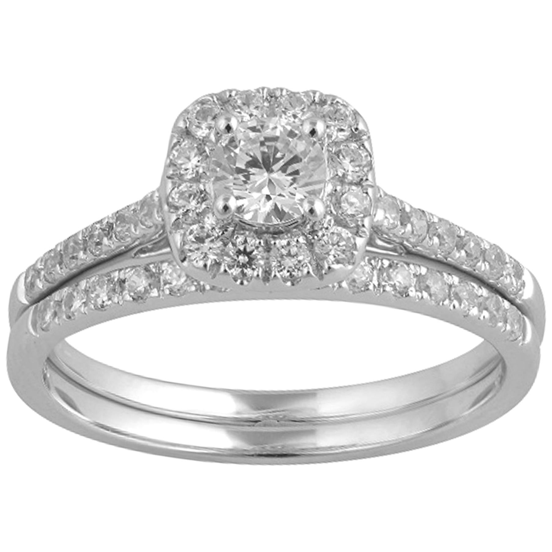 TJD 0.75 Carat Round Diamond 18 Karat White Gold Halo Cushion Shape Bridal Set