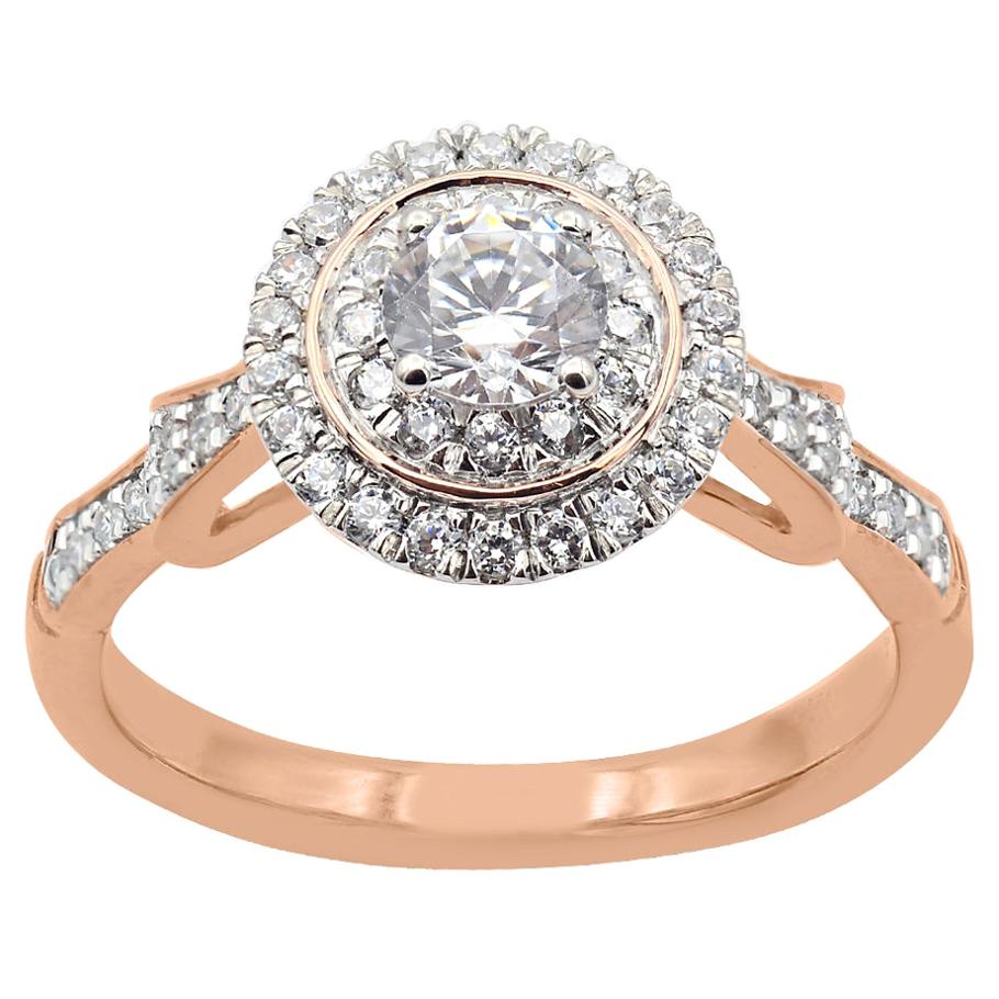 TJD 0.75 Carat Round Diamond 18 Karat Rose Gold Halo Engagement Ring For Sale