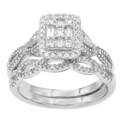 TJD, ensemble de bague de mariage en forme de coussin en 14 carats avec diamants ronds et baguettes de 3/4 carat