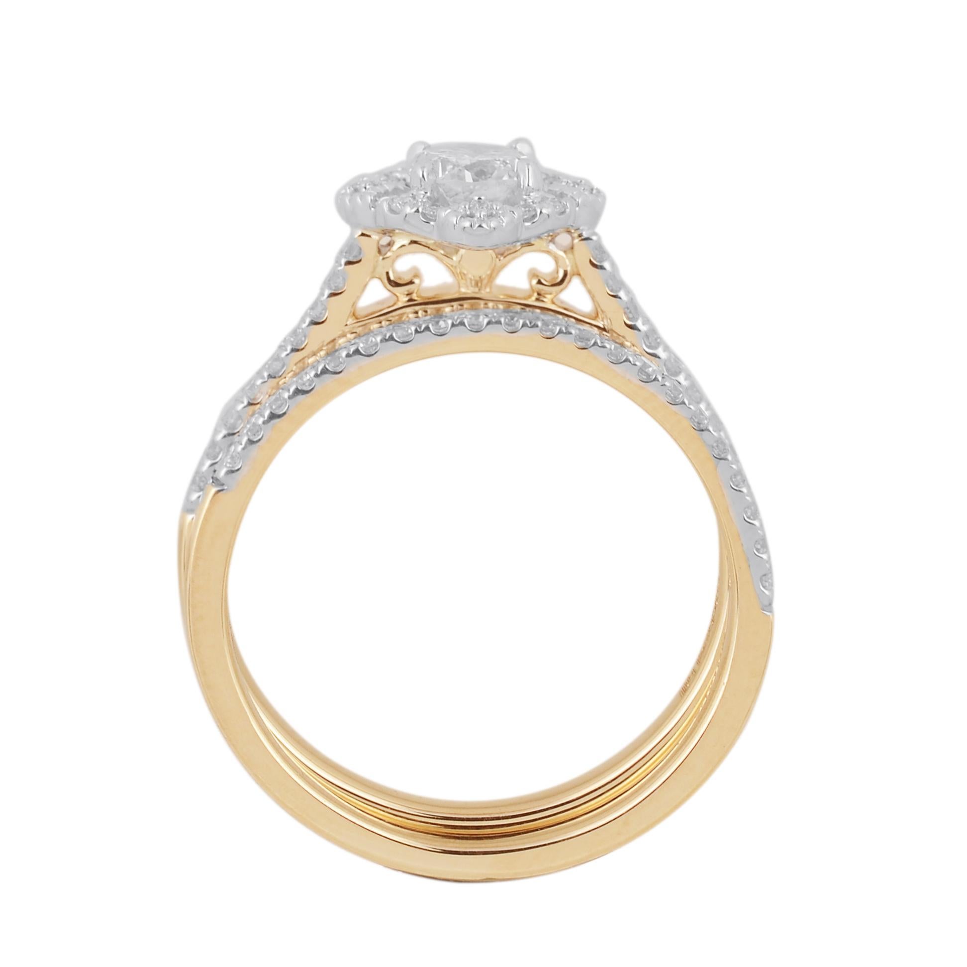 Exquisite 18 karat yellow gold floral engagement ring featuring 0.42 ct centre stone and 0.33 ct of diamond frame, lined diamonds on shank and engagement band. This ring is superbly detailed to perfection and set with 64 brilliant-cut round diamonds
