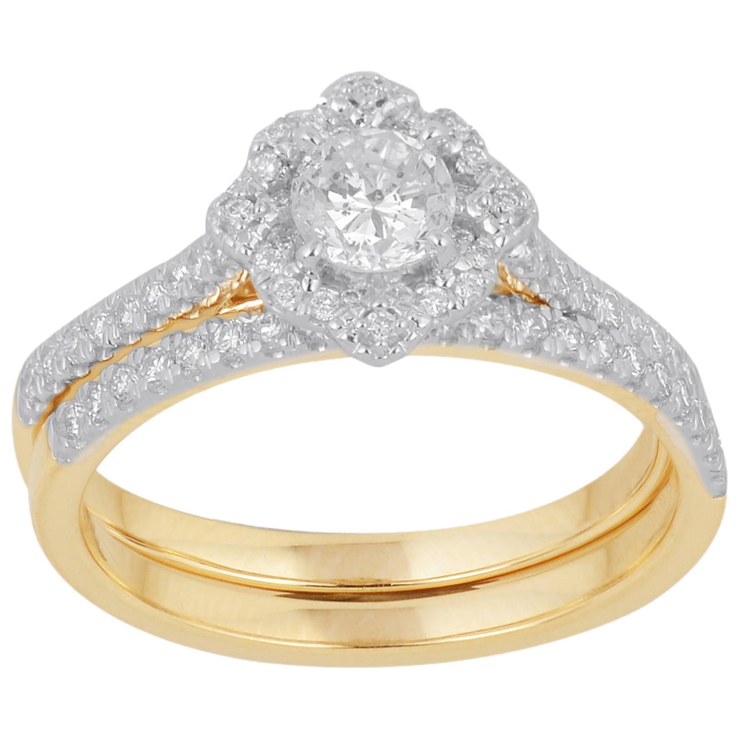 TJD 0,75 Karat Diamant 18 Karat Gelbgold Diamant Vintage Stapelbar Braut Set