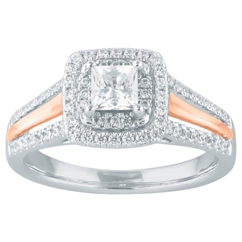 TJD 0.75Carat Round & Princess-Cut Diamond 14K 2Tone Double Halo Engagement Ring For Sale