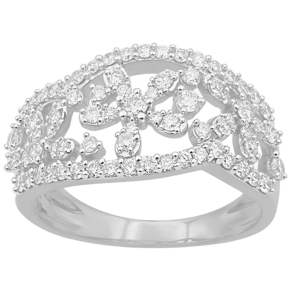 TJD 0.75 Carat Round Diamond 14 Karat White Gold Floral Design Wedding Band Ring