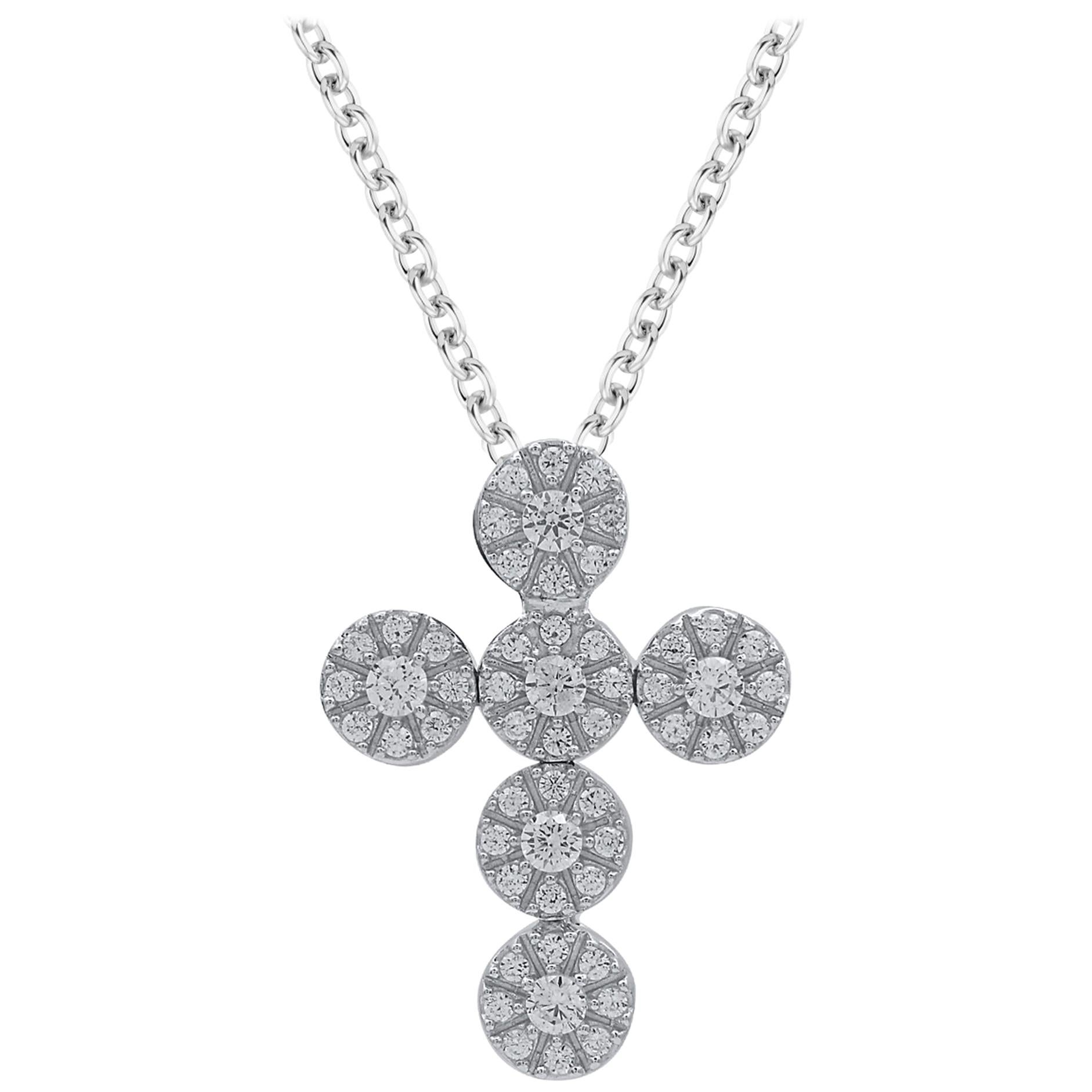 TJD 0.75 Carat Round Diamond 14 Kt White Gold Religious Cross Pendant with Chain