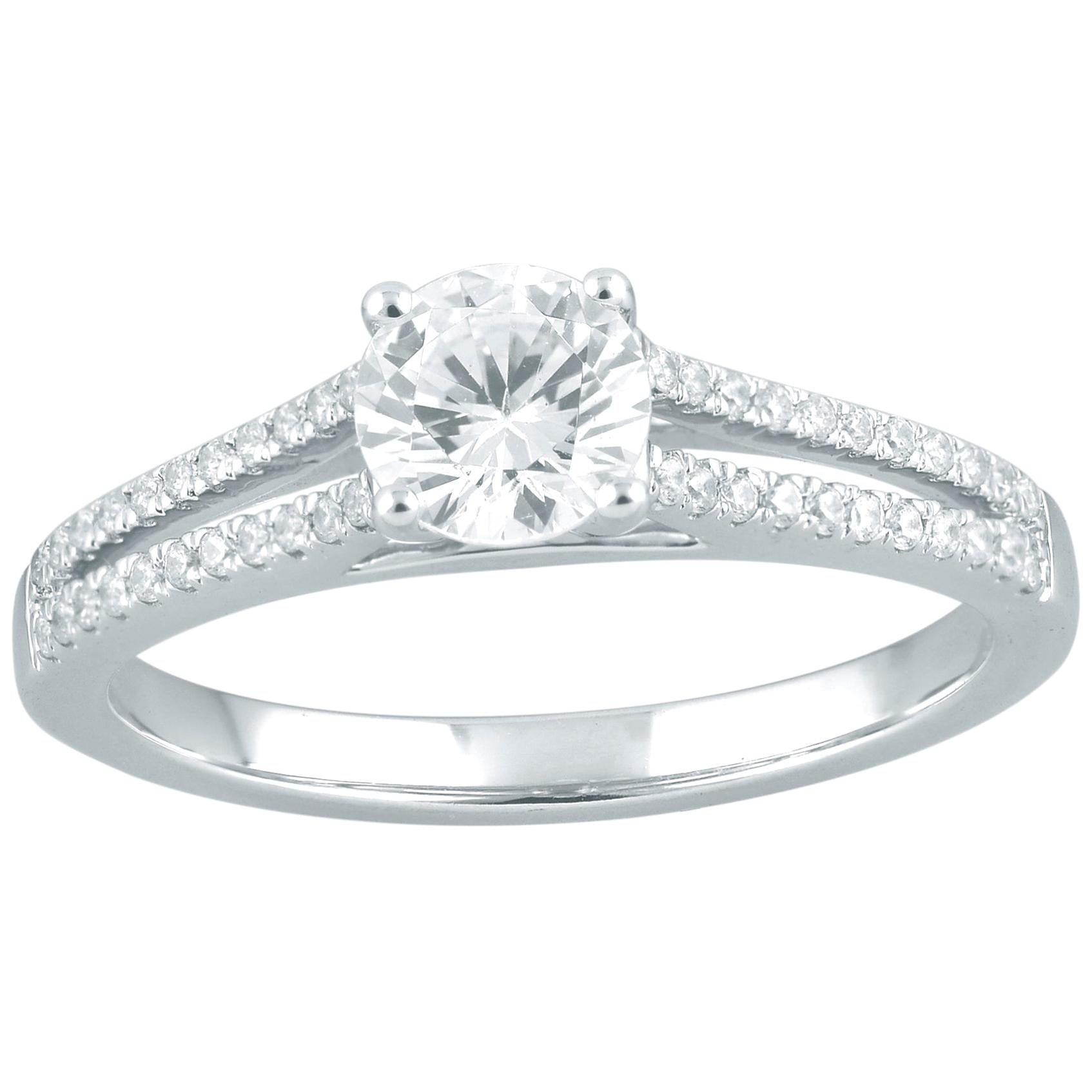 TJD 0.75 Carat Round Diamond 18 Karat White Gold Split Shank Engagement Ring For Sale
