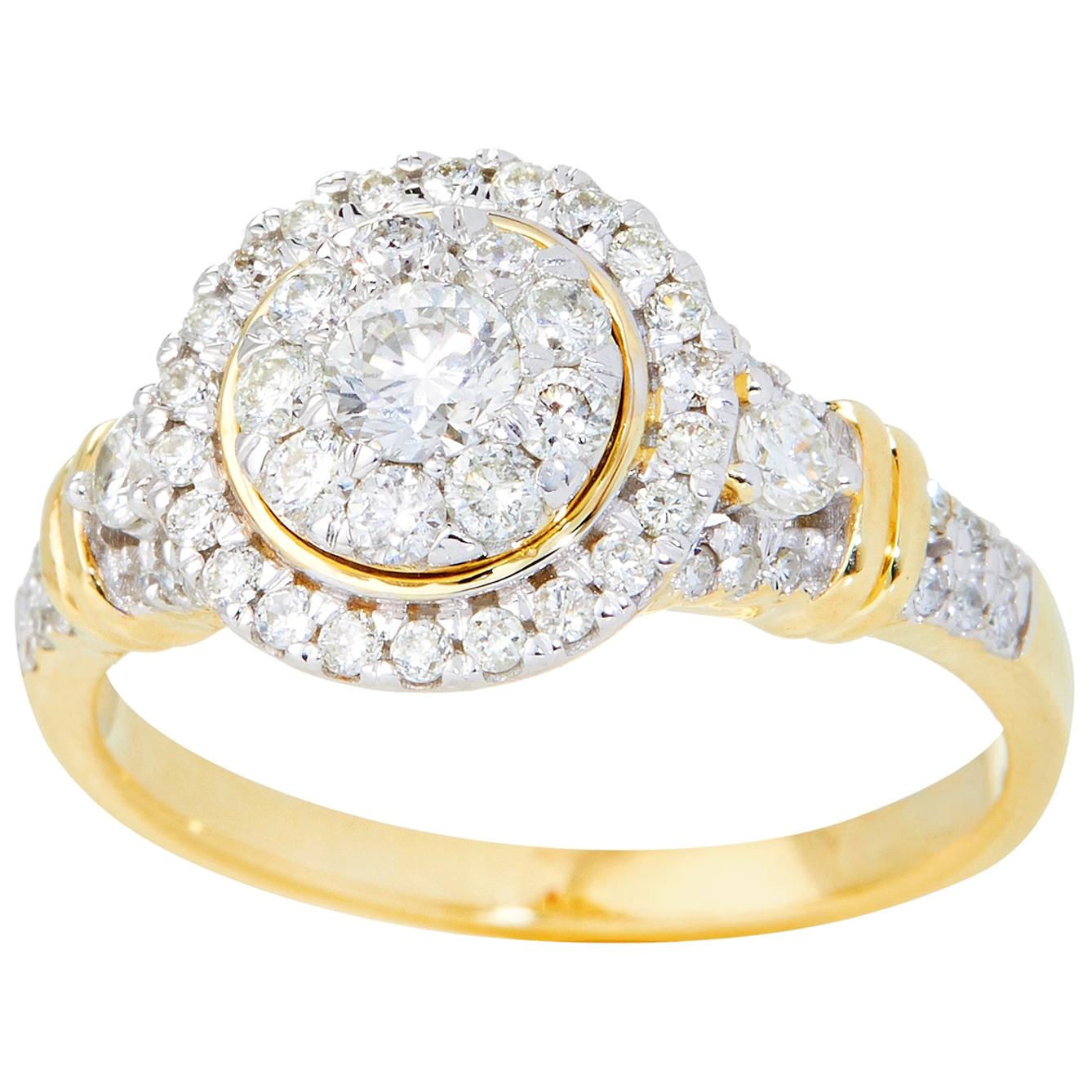 TJD 0.75 Carat Round Diamond 14 Karat Yellow Gold Halo Cluster Engagement Ring