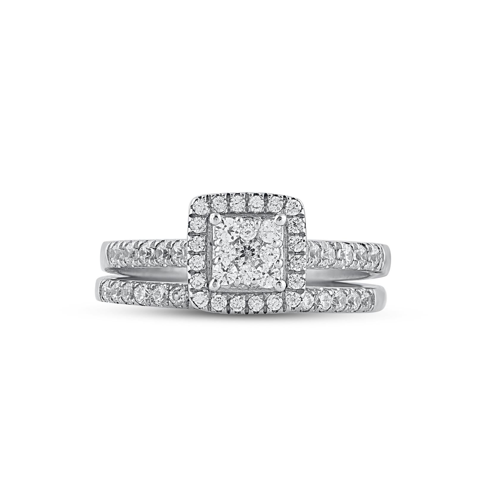 On that special day, express all your love with this elegant and dazzling brilliant cut diamond bridal set. Crafted in 14 Karat white gold. This wedding ring features a sparkling 69 brilliant cut and single cut round diamonds beautifully set in