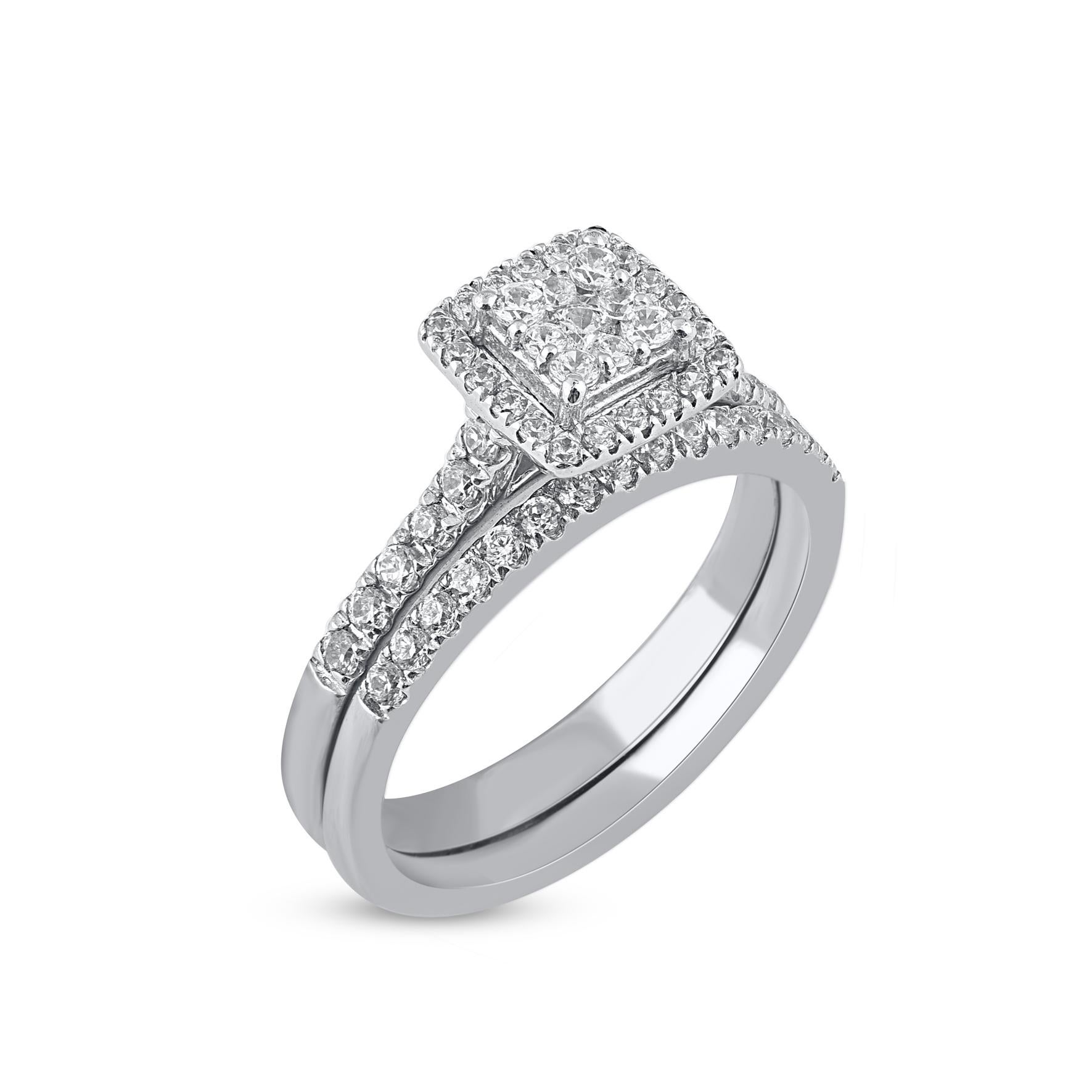 TJD 0,75 Karat Rundschliff Diamant 14KT Weißgold Quadratischer Rahmen Brautring Set (Zeitgenössisch) im Angebot