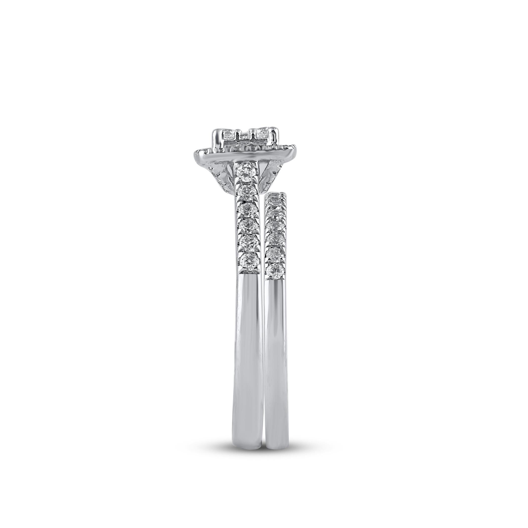 Taille ronde Bague de mariage à cadre carré en or blanc 14 carats avec diamants taille ronde de 0,75 carat TJD en vente