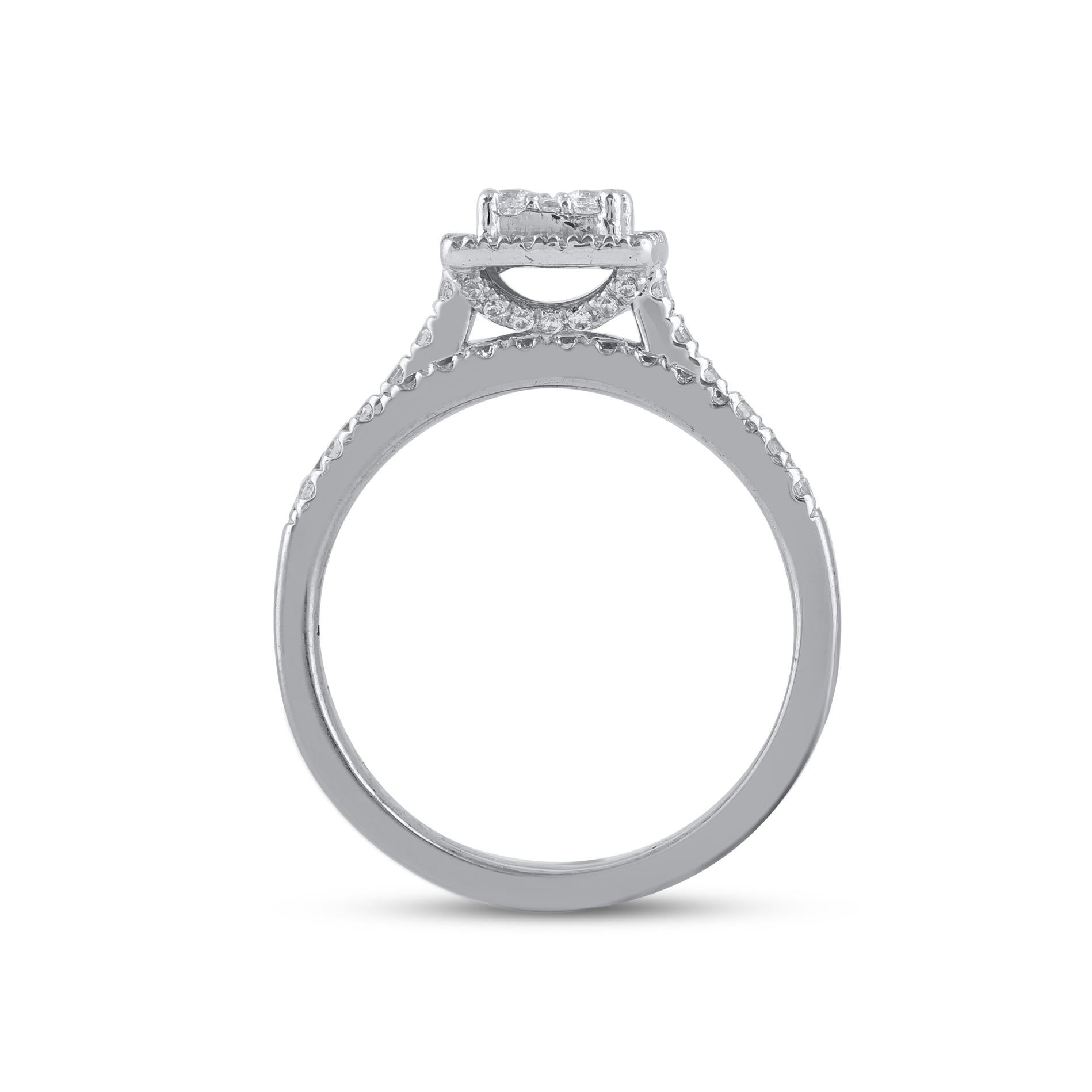 TJD 0,75 Karat Rundschliff Diamant 14KT Weißgold Quadratischer Rahmen Brautring Set Damen im Angebot