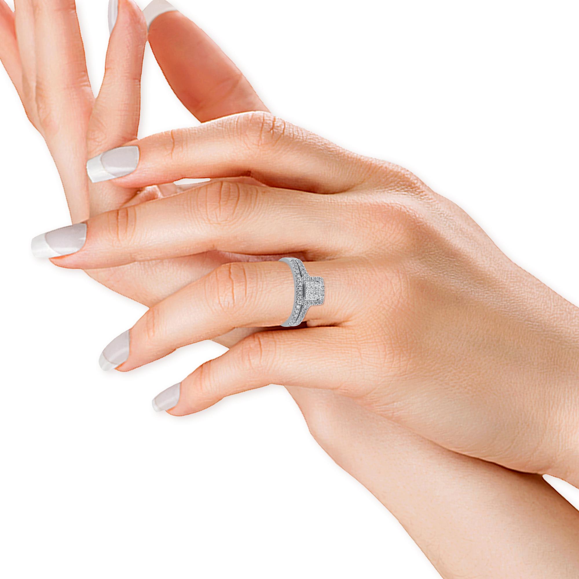 TJD 0.75 Carat Round Cut Diamond 14KT White Gold Square Frame Bridal Ring Set For Sale 1