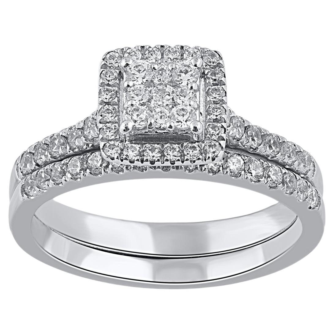 TJD 0.75 Carat Round Cut Diamond 14KT White Gold Square Frame Bridal Ring Set