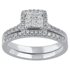Used TJD 0.75 Carat Round Cut Diamond 14KT White Gold Square Frame Bridal Ring Set