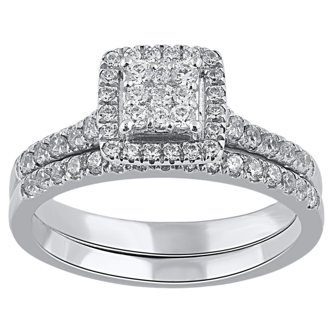 TJD 0.75 Quilates Diamante Corte Redondo 14KT Oro Blanco Marco Cuadrado Conjunto Anillo de Novia