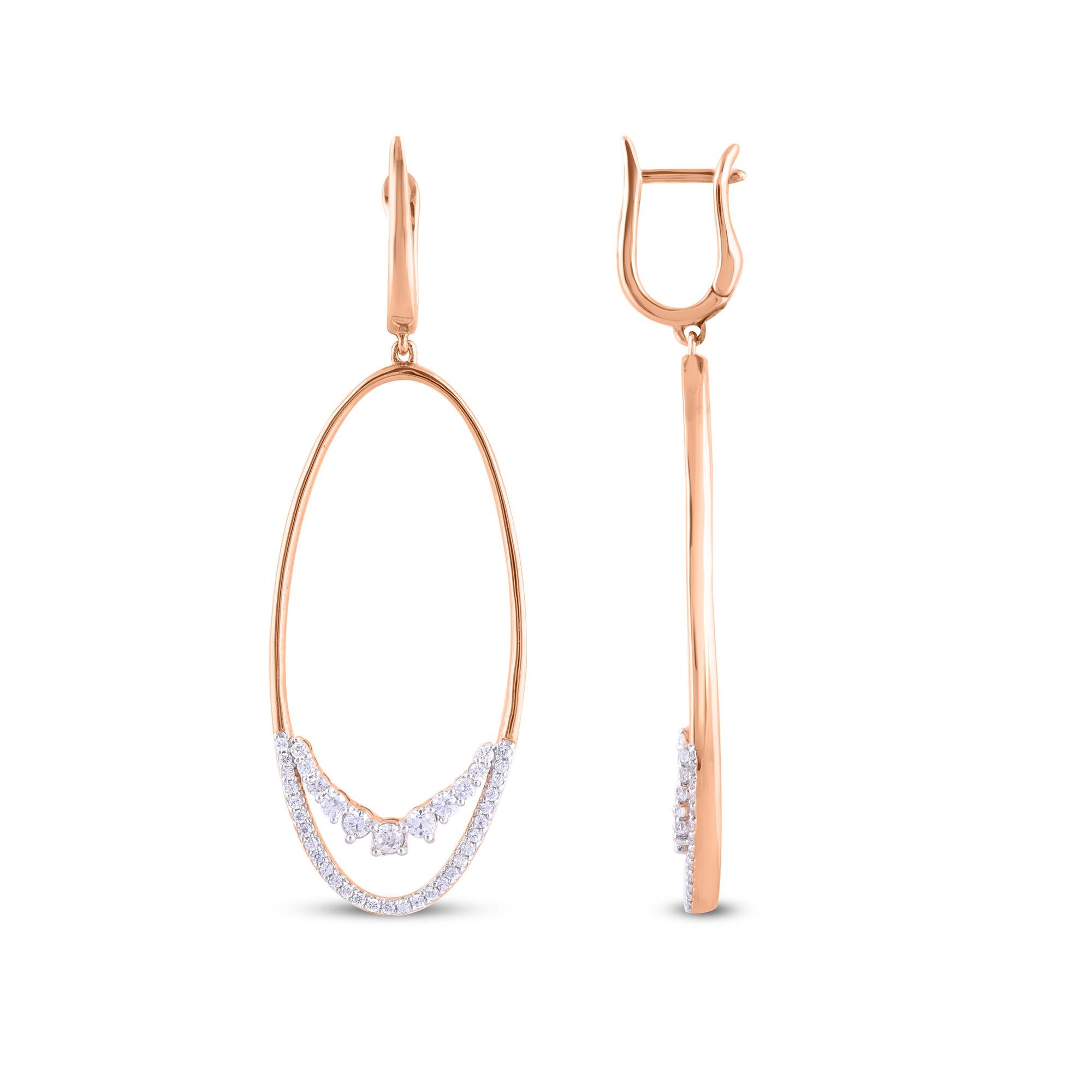 Smart and unique, this diamond oval drop earrings are certain to be notice. Made by our skillful craftsmen in 14 karat rose gold and accentuated with 80 round diamond in prong setting, which shines in H-I color I2 clarity. Polished to a bright