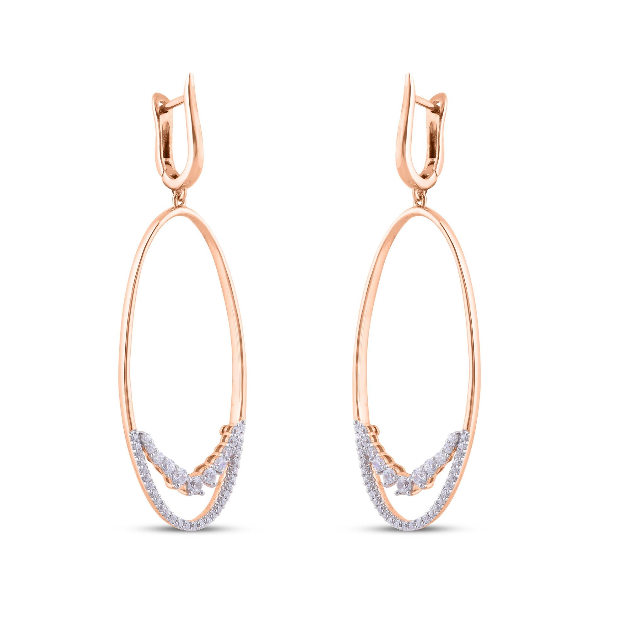 TJD Pendiente colgante de oro rosa de 14 quilates con forma ovalada y diamante redondo de 0,75 quilates Art Decó en venta